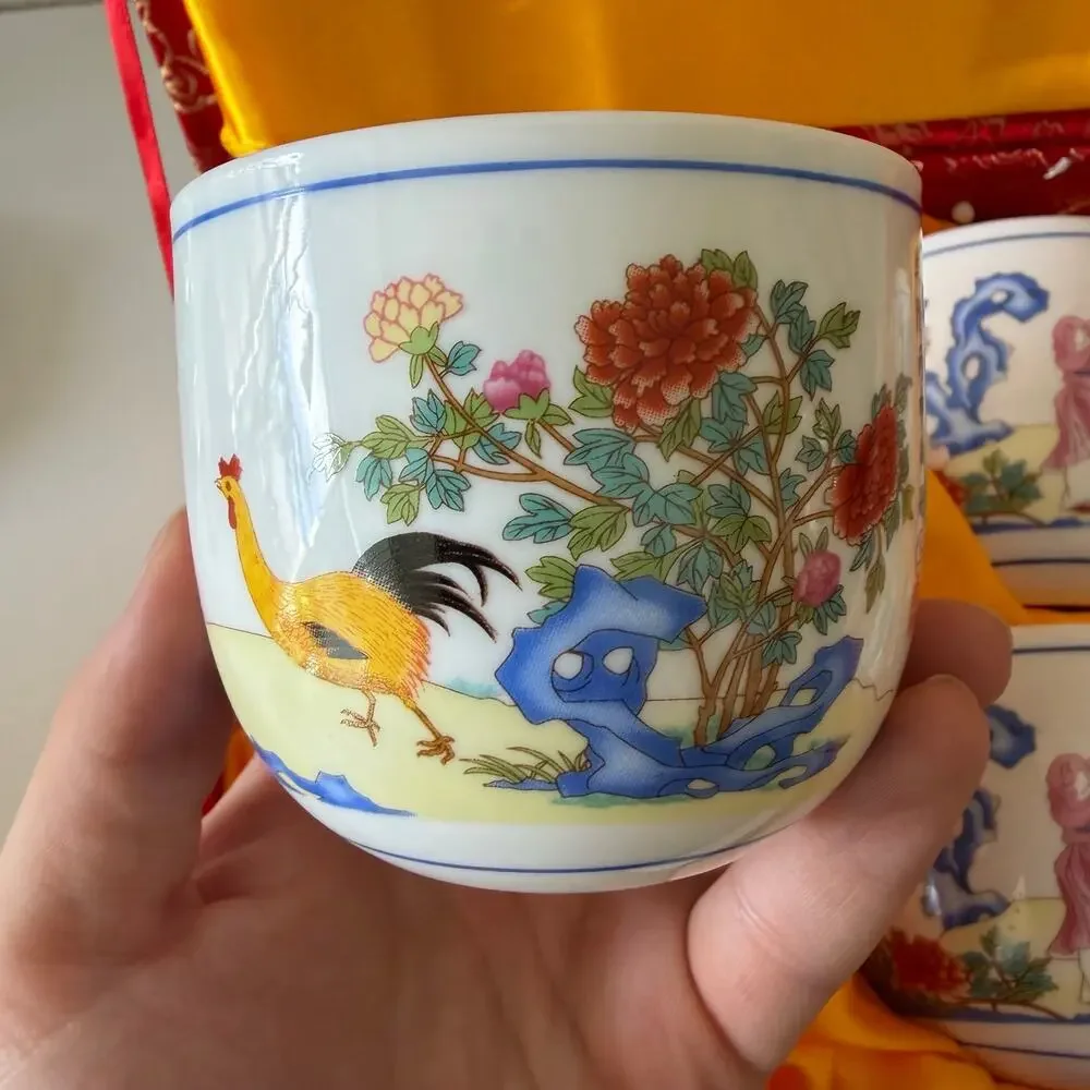 Chinese Qianlong Style Boy & Chicken Porcelain Cups Set of 6 Boxed Famille Rose